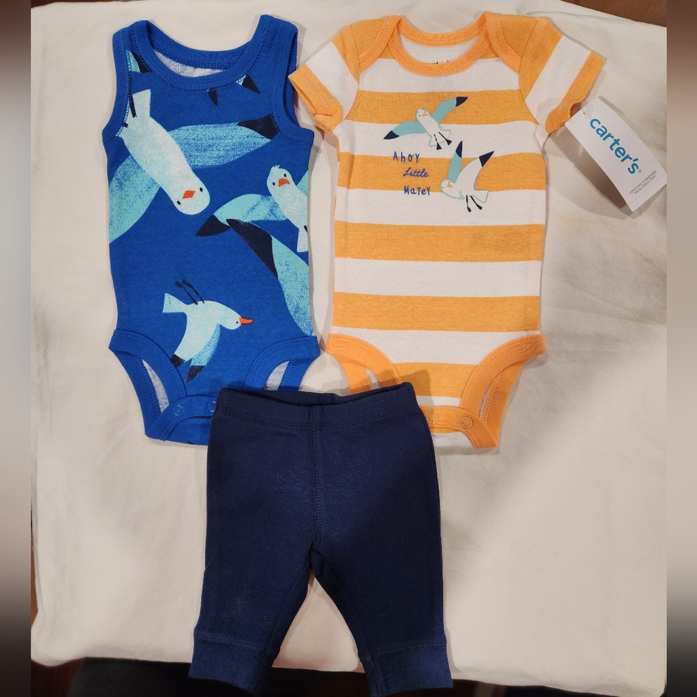 Carter's Boy's 'Ahoy Little Matey' 3 piece Set Orange & White Stripe Size NB NWT - Picture 3 of 10